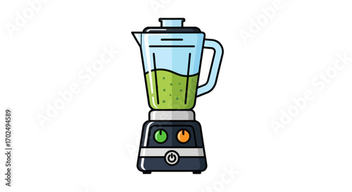 Cartoon Illustration of a Blender with Green Smoothie Inside.