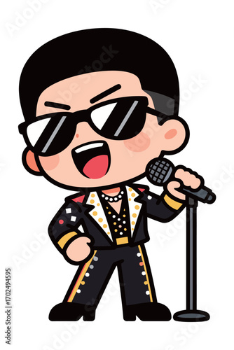 A lively rock star or singer holding a microphone, wearing sunglasses and a studded jacket, standing with a dynamic pose, cartoon character illustration.
