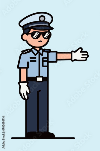 A serious police officer in a light blue uniform and sunglasses, standing and directing traffic with a stop hand gesture, vector illustration on a light blue background.