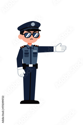A police officer in a dark blue uniform and sunglasses, standing and directing traffic with a stop hand gesture, flat vector illustration on white background.