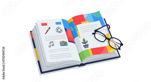Open Illustrated Book with Glasses Colorful Pages and Icons.