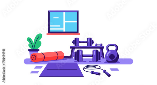 Home Workout Equipment: Dumbbells Kettlebell Mat and Jump Rope.