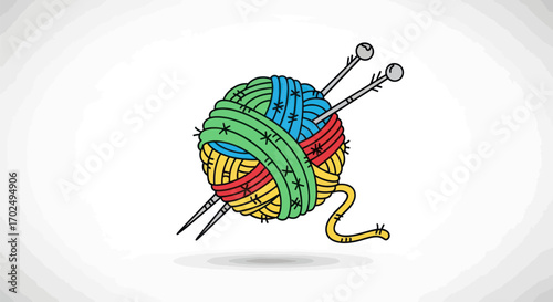 Colorful Hand-Drawn Ball of Yarn with Knitting Needles.
