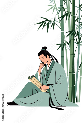 A peaceful illustration of a traditional Chinese scholar in ancient robes, sitting under bamboo trees and thoughtfully reading a scroll.