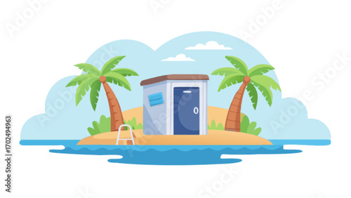 Tropical island beach hut vacation rental getaway with palm trees and ocean vector illustration