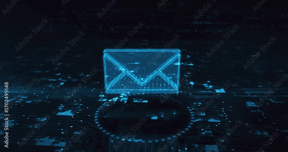 Envelope email and mail message hologram symbol appears on a digital background. Network, cyber technology and computer abstract concept 3d animation.