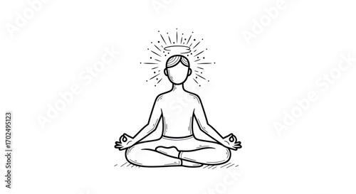 Meditating Person in Lotus Pose with Radiating Halo Line Art Illustration.