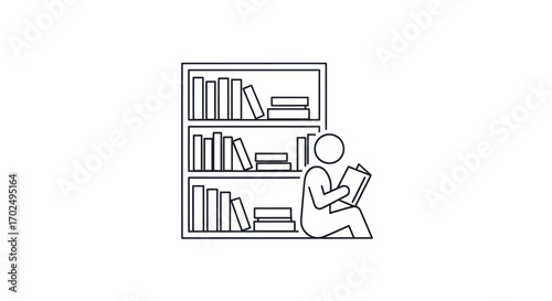Simple line drawing of a person reading a book while leaning against a full bookshelf.