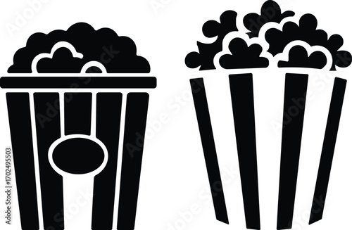 Art & IllustrationPopcorn icon set.Minimalist black and outline vector icon set of a popcorn bucket, symbolizing cinema, movie, and entertainment in a clean and simple design.