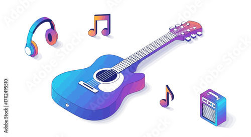 Vibrant Acoustic Guitar with Headphones and Music Notes.
