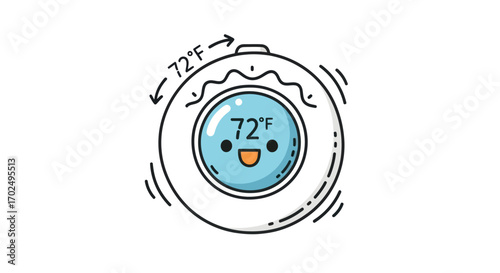 Cute cartoon thermostat showing 72F with happy face.