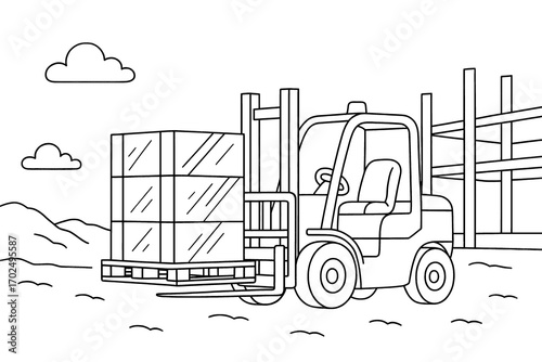 Forklift carries a pallet of boxes beside storage racks, simple outline coloring page showing forks, counterweight and seat with rural hills and clouds.