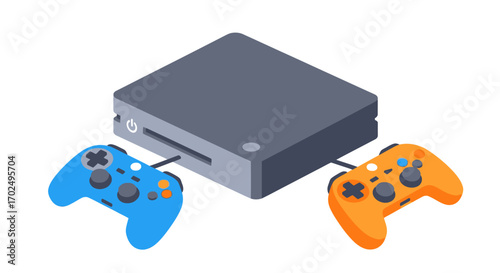 Gaming Console with Two Controllers Isometric View.