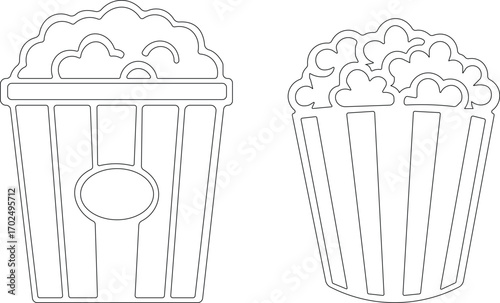 Art & IllustrationPopcorn icon set.Minimalist black and outline vector icon set of a popcorn bucket, symbolizing cinema, movie, and entertainment in a clean and simple design.