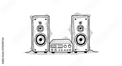 Hand-drawn Stereo System with Two Speakers and Amplifier.