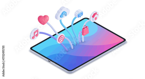 Isometric Tablet with App Icons Popping Out Digital Services Concept.
