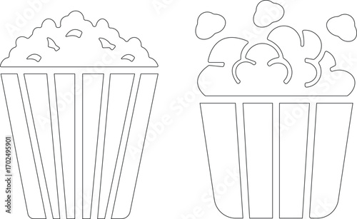 Art & IllustrationPopcorn icon set.Minimalist black and outline vector icon set of a popcorn bucket, symbolizing cinema, movie, and entertainment in a clean and simple design.