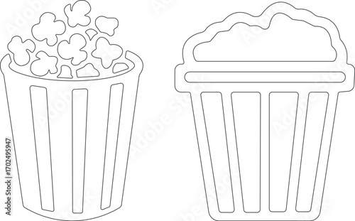 Art & IllustrationPopcorn icon set.Minimalist black and outline vector icon set of a popcorn bucket, symbolizing cinema, movie, and entertainment in a clean and simple design.