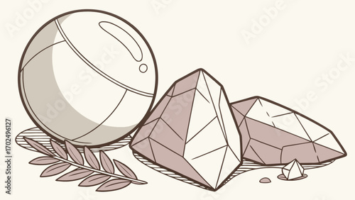 Illustration of crystal gemstones with sphere and botanical branch for geology and mineralogy art