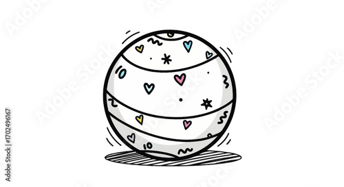 Playful hand-drawn doodle ball with striped pattern decorated with hearts stars and the number 10.