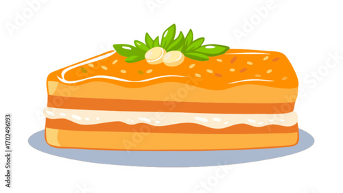 Delicious slice of cake with cream filling and orange glaze vector illustration for bakery shop