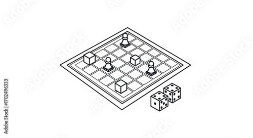 Isometric View of a Board Game with Dice and Pieces.