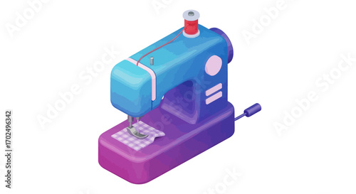 Isometric Blue and Purple Sewing Machine Illustration with Red Thread Spool.