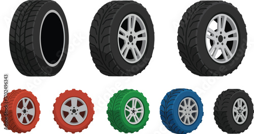various car tires displayed in different colors and styles