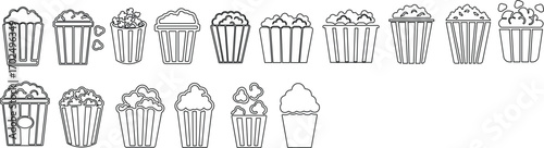Art & IllustrationPopcorn icon set.Minimalist black and outline vector icon set of a popcorn bucket, symbolizing cinema, movie, and entertainment in a clean and simple design.
