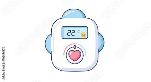 Cartoon Thermometer with Digital Display Showing 22 Degrees Celsius and Heart Rate Monitor.
