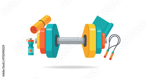 Vibrant Fitness Equipment Set: Dumbbell Yoga Mat Water Bottle Jump Rope Towel.