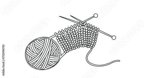 Detailed Black and White Illustration of Knitting Project.