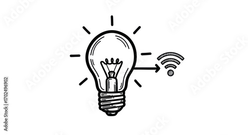 Hand-drawn smart light bulb with Wi-Fi symbol for connected idea or innovation.