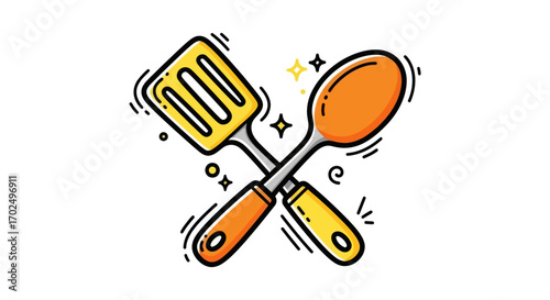 Cartoon Illustration of Crossed Kitchen Spatula and Spoon.