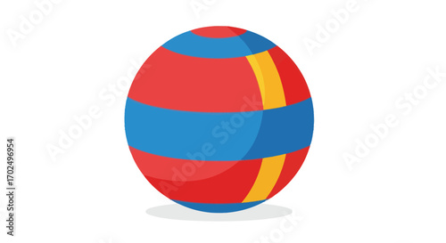 Colorful striped spherical toy ball with red blue and yellow accents.