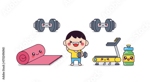 Kawaii Cartoon Boy and Gym Equipment Set with Smiling Faces.