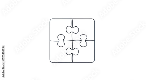 Minimalist continuous line art of a four-piece square jigsaw puzzle.