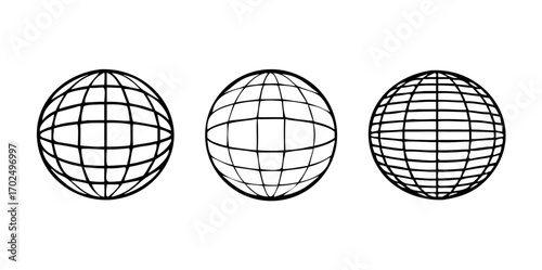 Globe grid spheres. Striped 3D spheres, geometry globe grid, earth latitude and longitude line grid vector symbols set. Spherical grid globe shapes .
Wireframe sphere set isolated.  Striped 3D balls, 