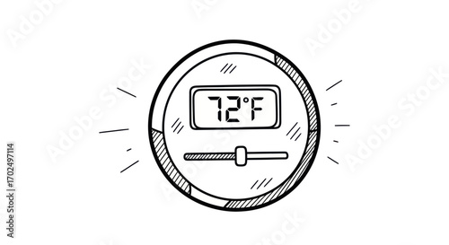 Hand-drawn sketch of a digital thermostat displaying 72F with a slider control.