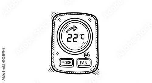 Hand-drawn illustration of a digital thermostat displaying 22 degrees Celsius.