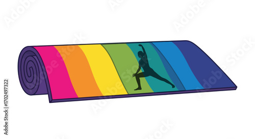 Rolled Rainbow Yoga Mat with Silhouette of Yoga Pose.