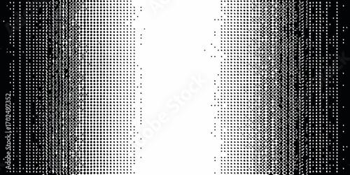 Abstract black and white halftone pattern with a gradient transition from dense dots to sparse dots