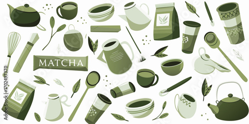 A collection of matcha tea accessories and ingredients in a flat design style