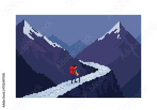 Pixelated Hiking Adventure A lone hiker traversing a snowy path towards majestic, snow-capped mountains, a journey of determination and exploration