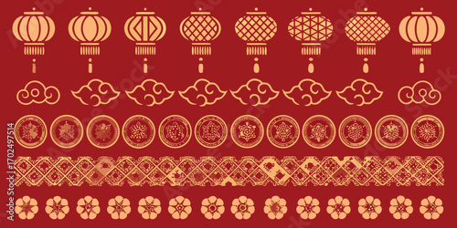 Collection of traditional chinese decorative elements featuring lanterns clouds ornate patterns and flowers on red background