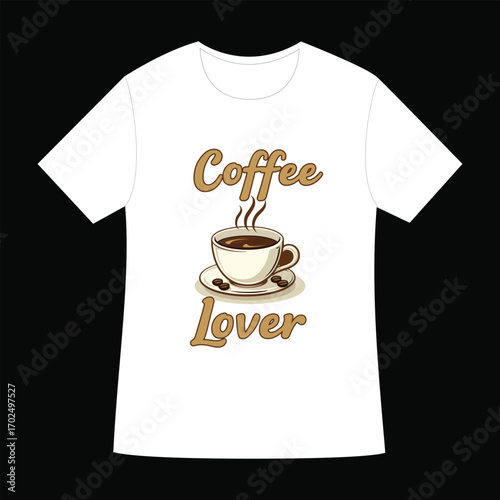 A minimalist coffee cup icon on a black casual t-shirt design template with a coffee design