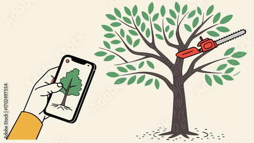 Hand Holding Phone with Tree Image While Real Tree Cut – Vector Concept of Technology vs Nature and its ignorance 