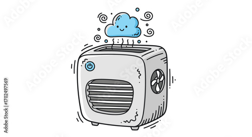 Cartoon illustration of a portable air cooler with a smiling cloud emitting cool air.