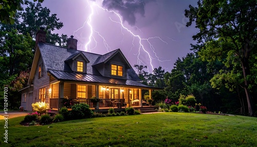 A cozy home illuminated by a powerful lightning storm amidst a dark, leafy landscape