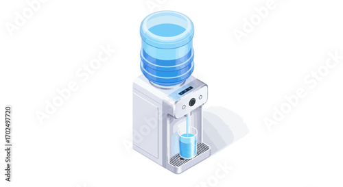 White Water Cooler Dispenser with Blue Water Bottle and Dispensing Tap.